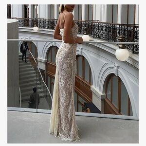 Womens Sexy Cami Lace Maxi Dress Romantic Long Sleeve Lace Bodycon Dresses with
